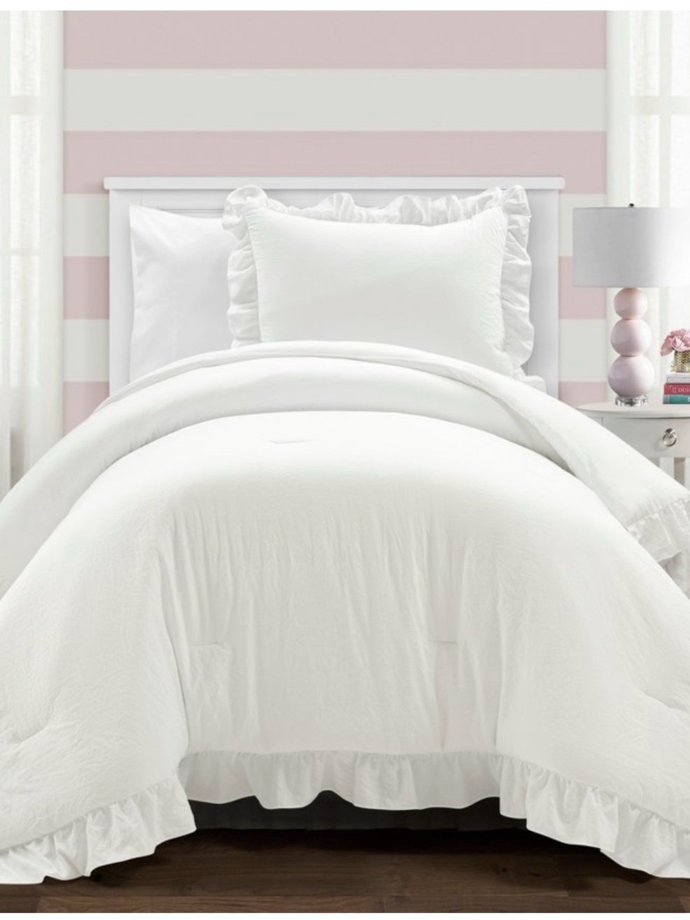 Ruffled Edge White Comforter Set - Home Bedding